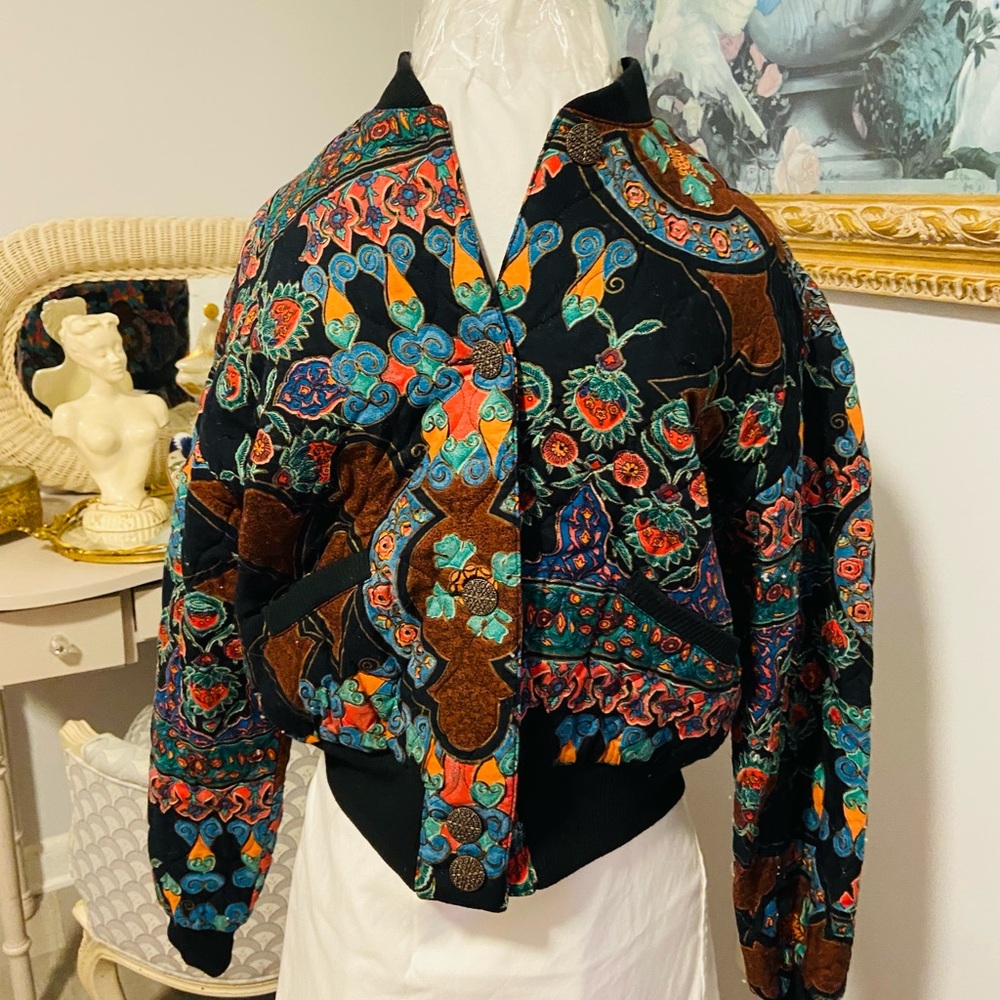 Fabulous Vintage Carole Little Quilted Bomber Jacket Funky Art Fabric